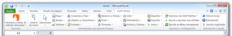 Excel 2010 with ASAP Utilities in the menu